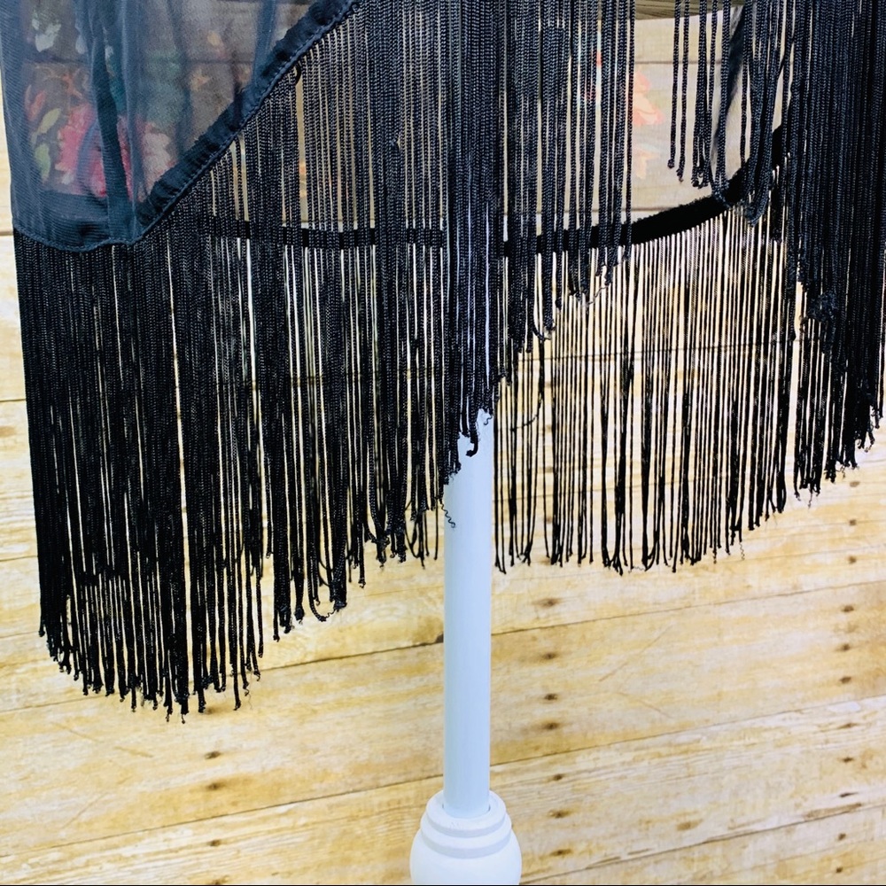Xhilaration Kimono Sheer Black Floral Fringe XS - Picture 3 of 5